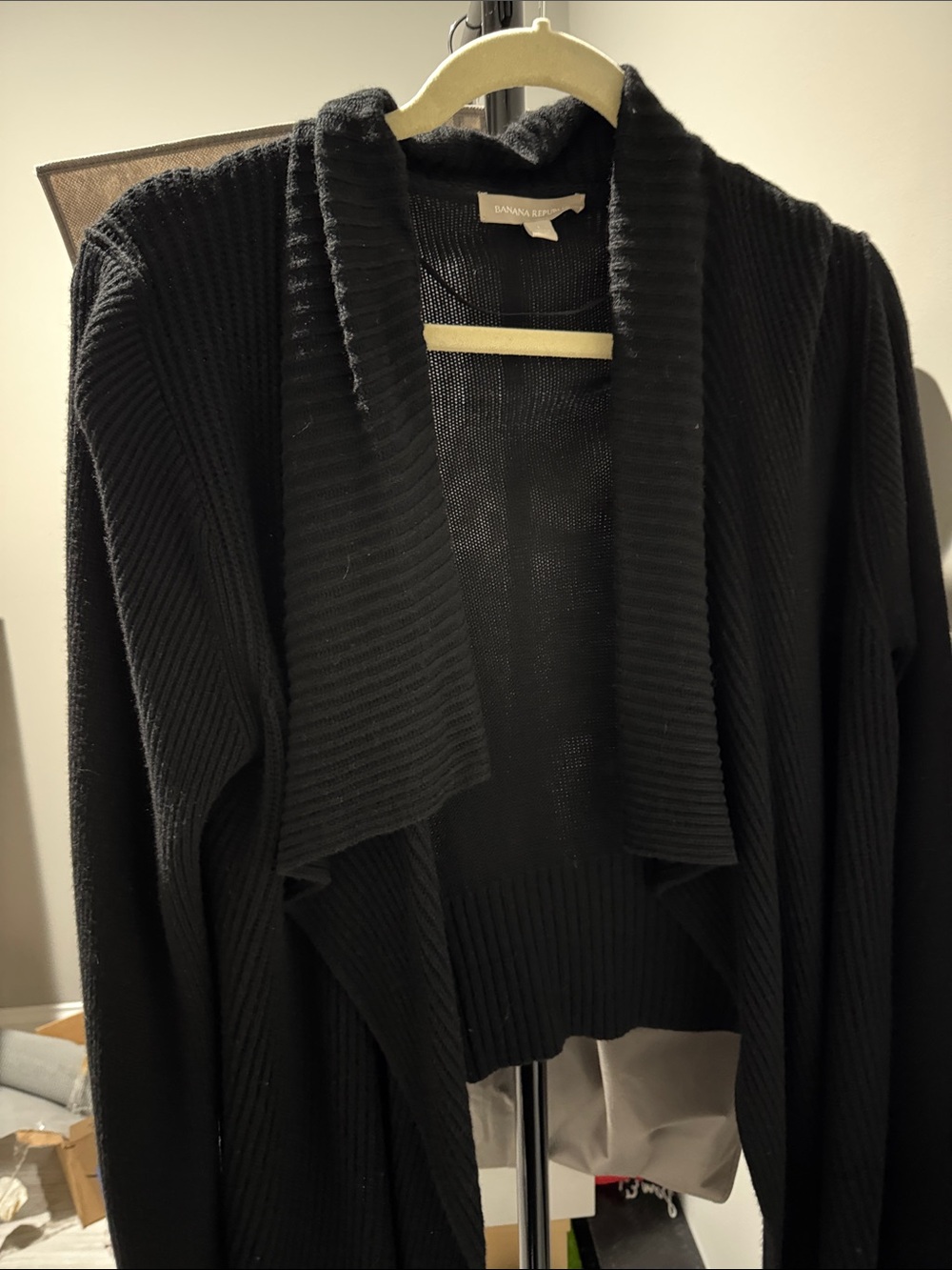 Banana Republic Black Ribbed Shawl-Collar Open-Front Cardigan